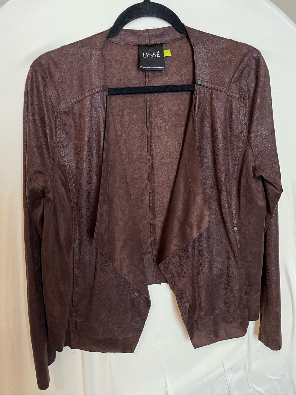 Lysse Brown Faux-Leather Draped Open Front Jacket